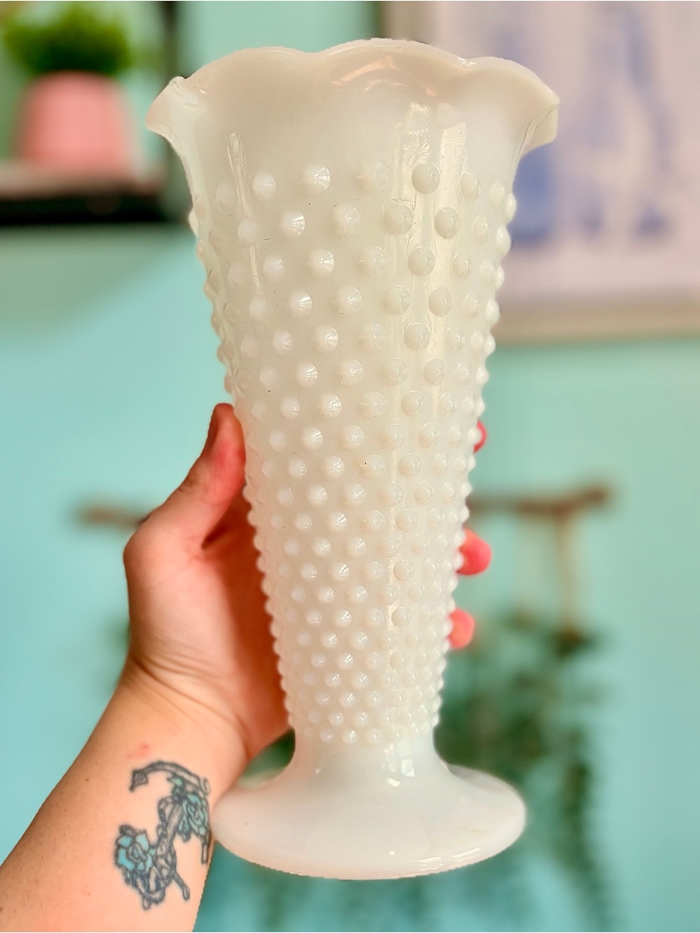 Bright Milk Glass Hobnail Textured Vase by Anchor Hocking Vintage Piece